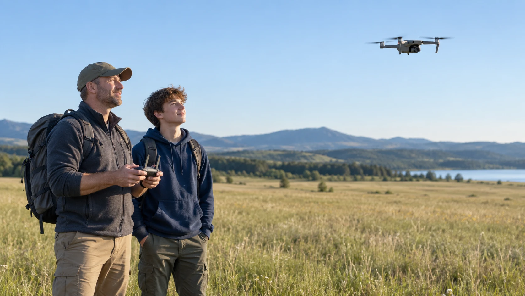 Adult supervising an older teen while flying a camera drone in an open field