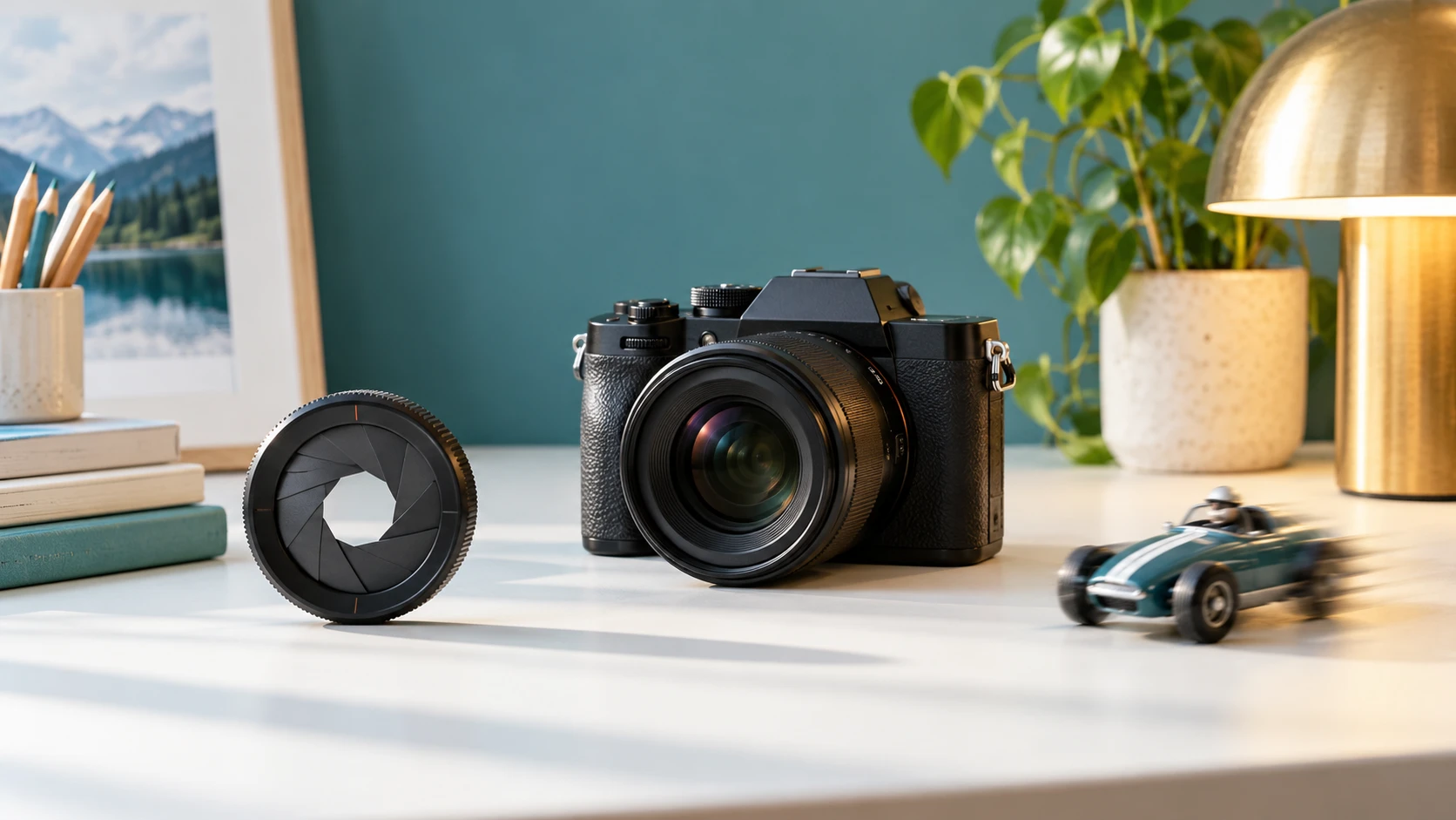Camera and simple objects illustrating beginner photography concepts