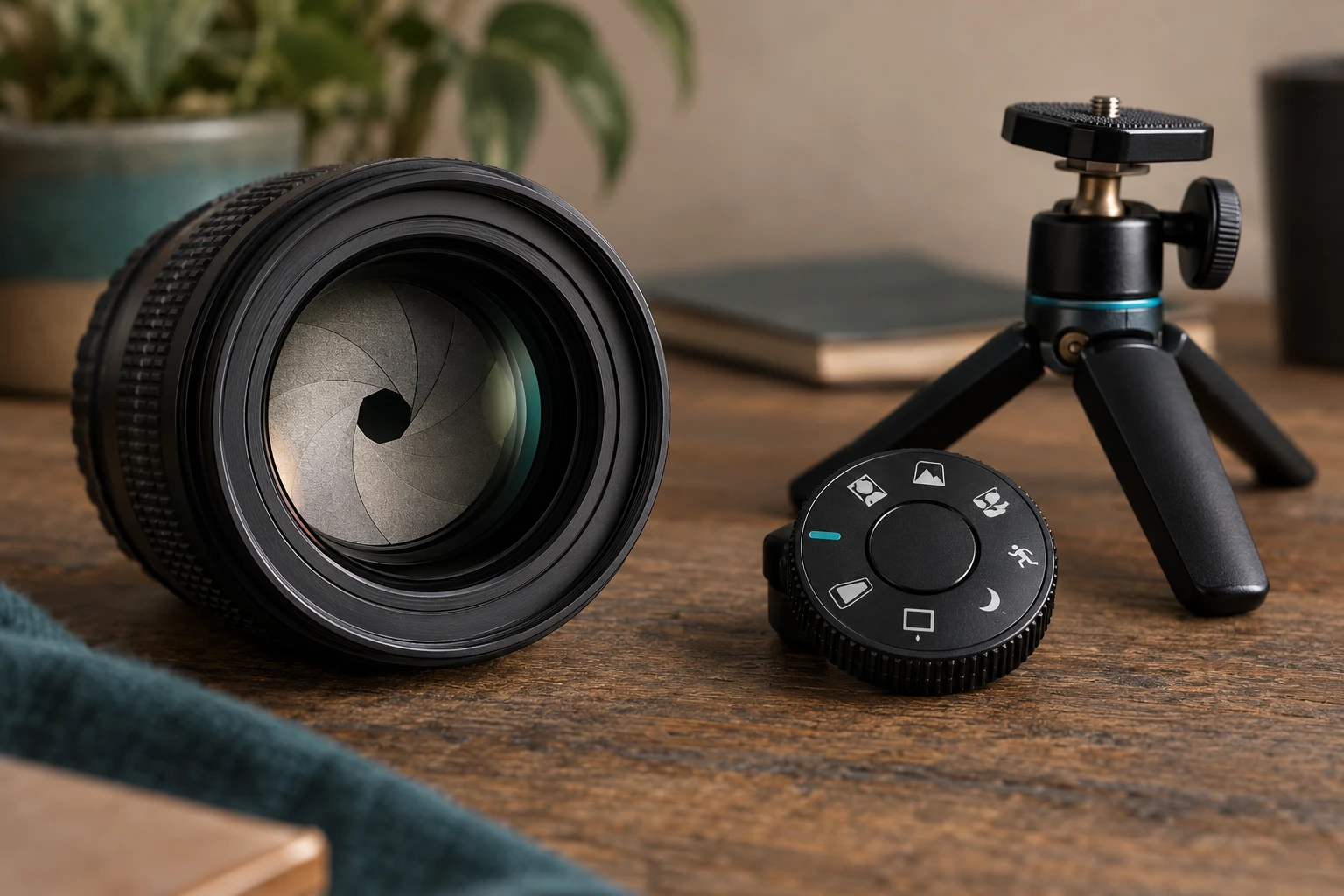 Camera lens aperture, shooting mode dial, and small tripod