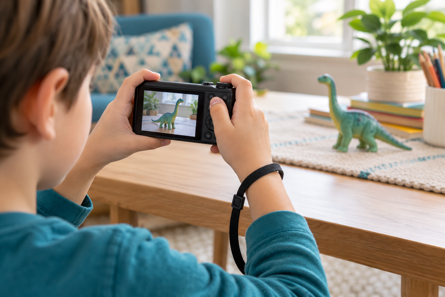Child holding a compact digital camera with two hands and using a wrist strap