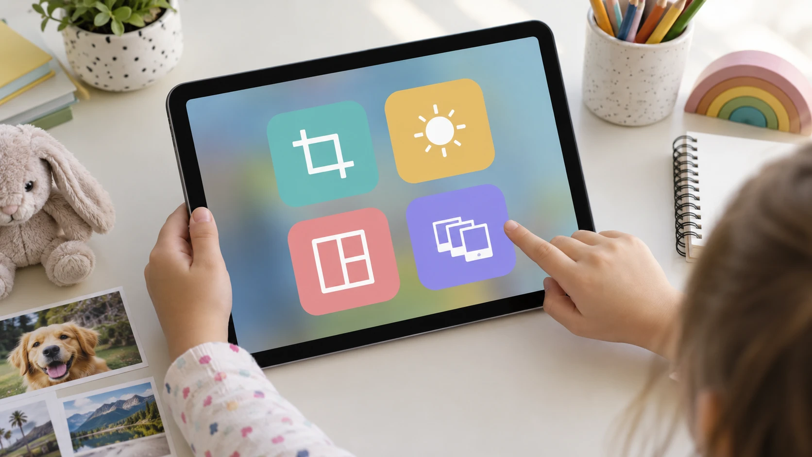 Child using simple crop, brightness, collage, and animation tools on a tablet
