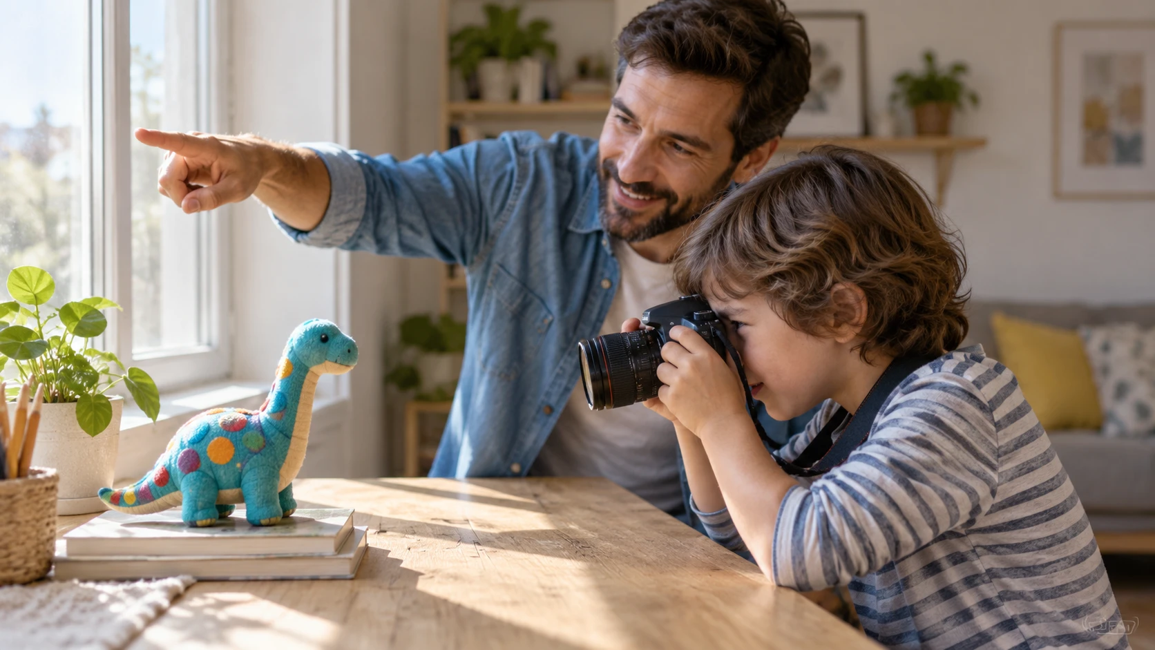 Child photographing a toy near soft window light with adult guidance