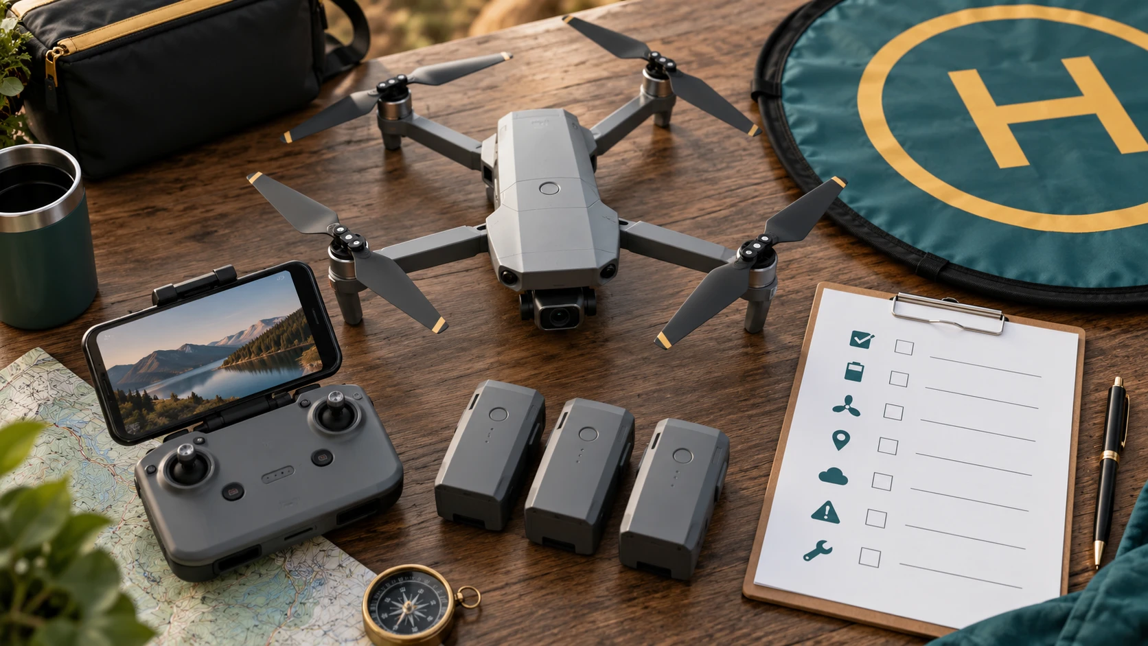 Drone, controller, batteries, landing pad, and a preflight checklist