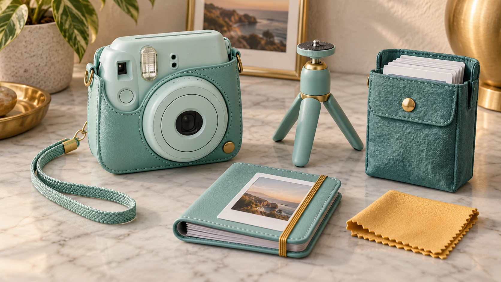 Pastel instant camera with case, strap, album, tripod, cloth, and photo pouch