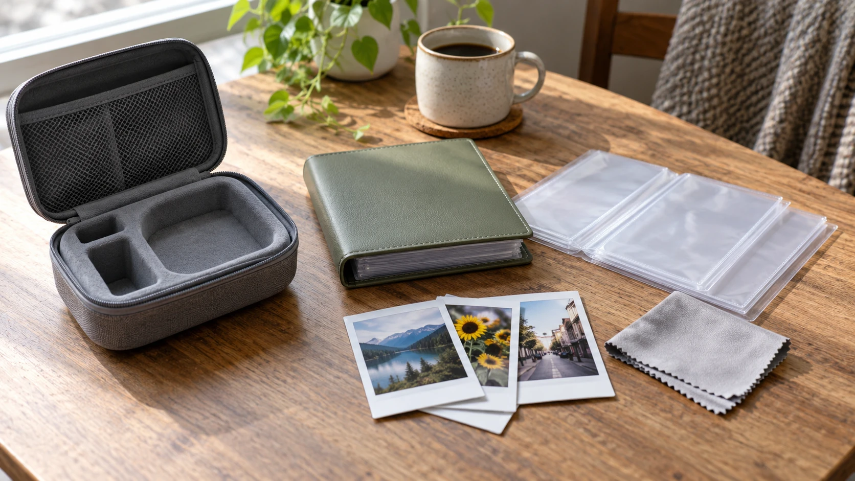 Protective camera case, mini photo album, sleeves, prints, and cleaning cloth