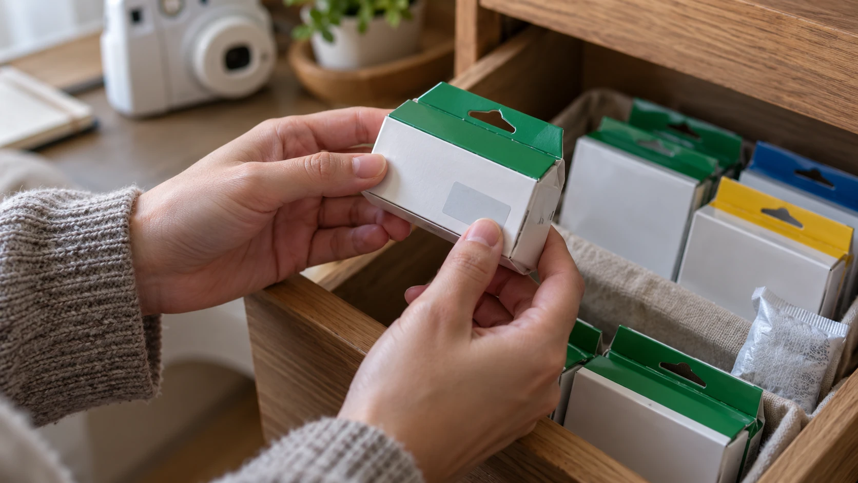 Hands checking and storing unopened instant film packs in a cool dry drawer