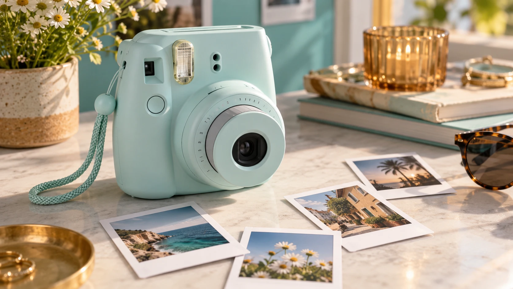 Pastel instant camera with freshly developed mini prints