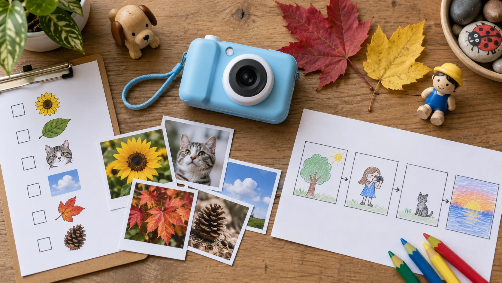 Kids camera with a photo checklist, nature finds, and a picture storyboard