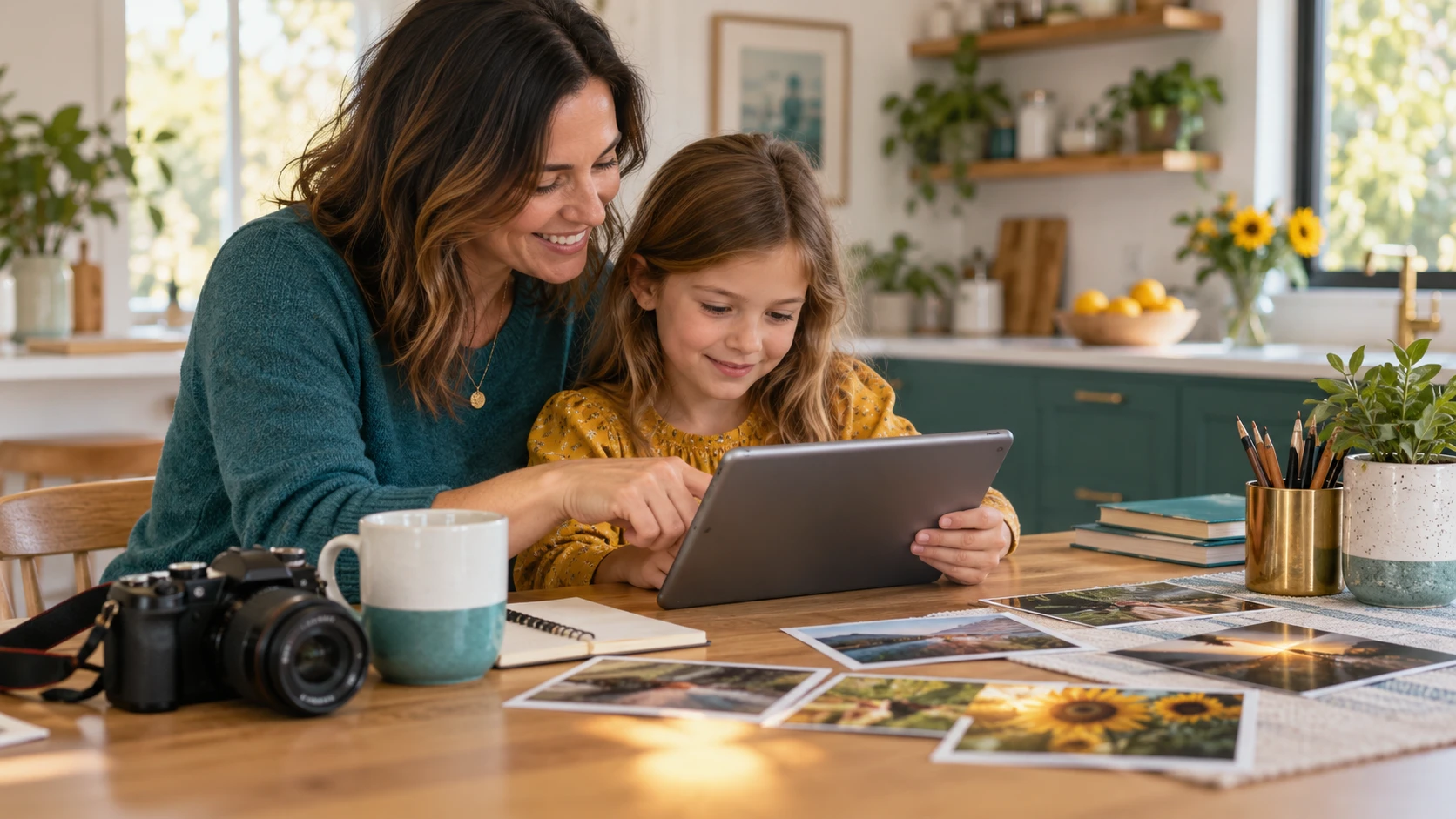 Parent and child reviewing photographs together on a tablet