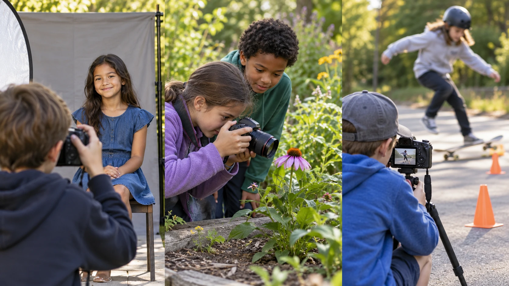 Children practicing portrait, nature detail, and motion photography