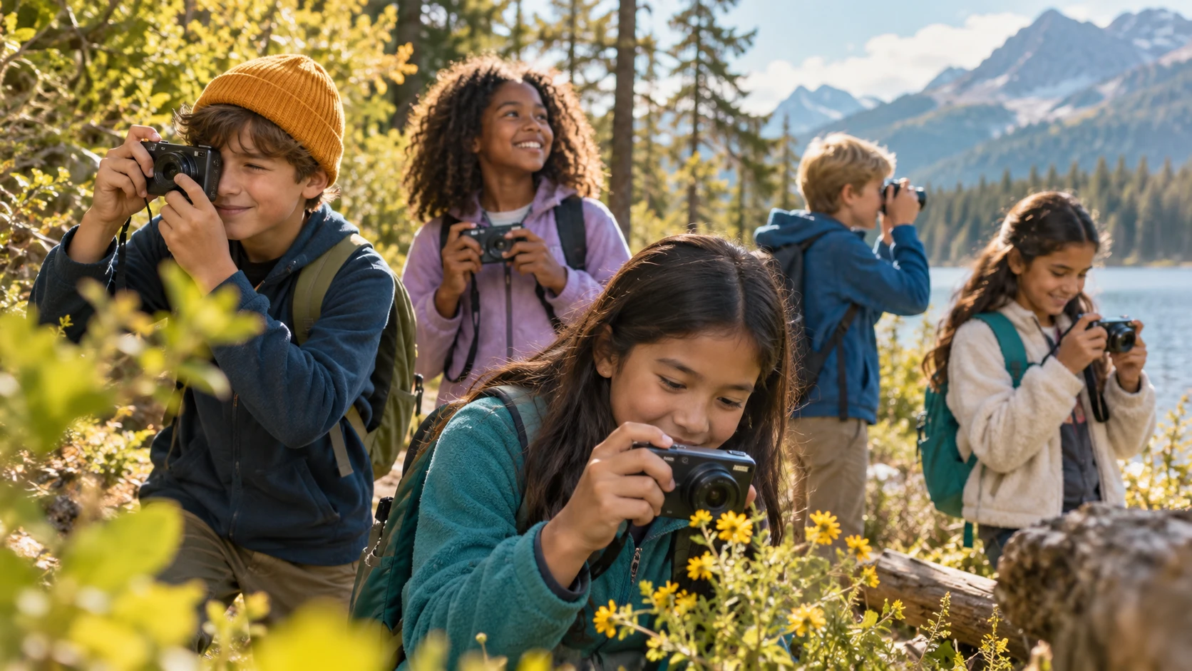 Children taking photographs during an outdoor nature scavenger hunt