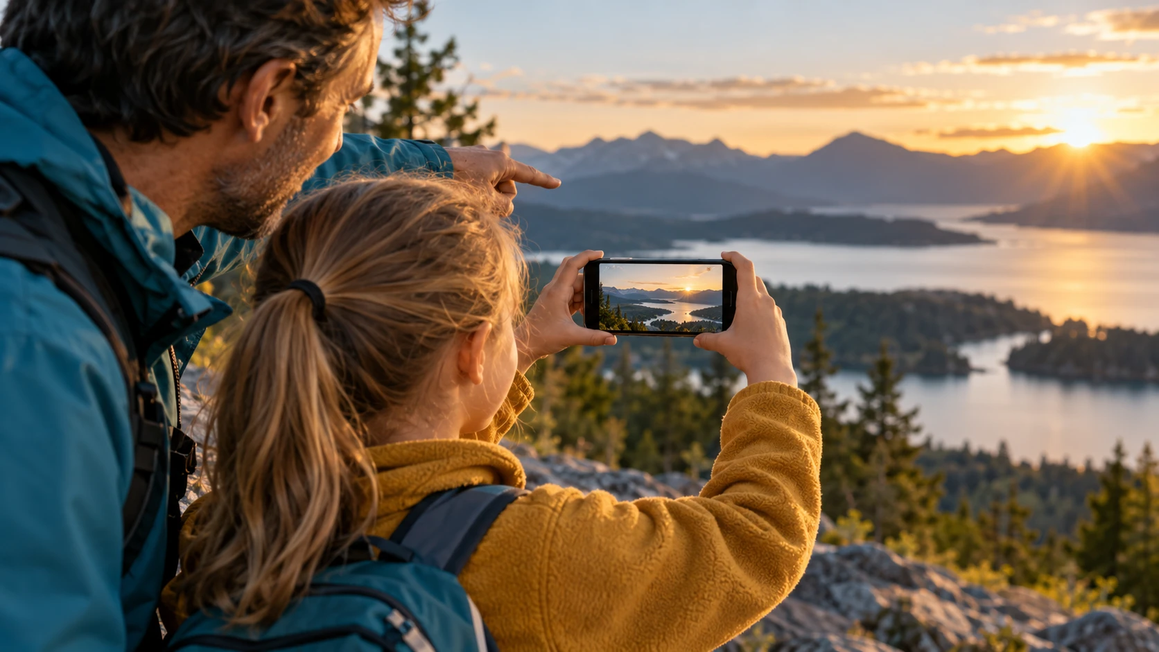 Parent helping a child compose a landscape photograph with a phone