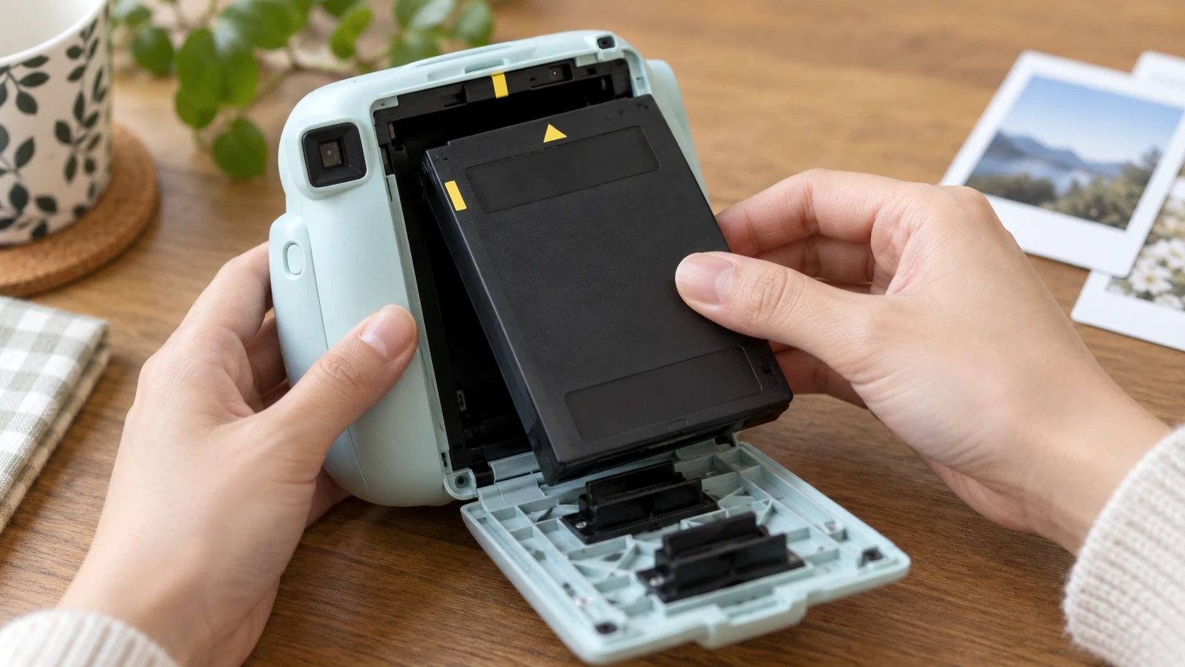 Hands loading a generic instant film cartridge into an open camera