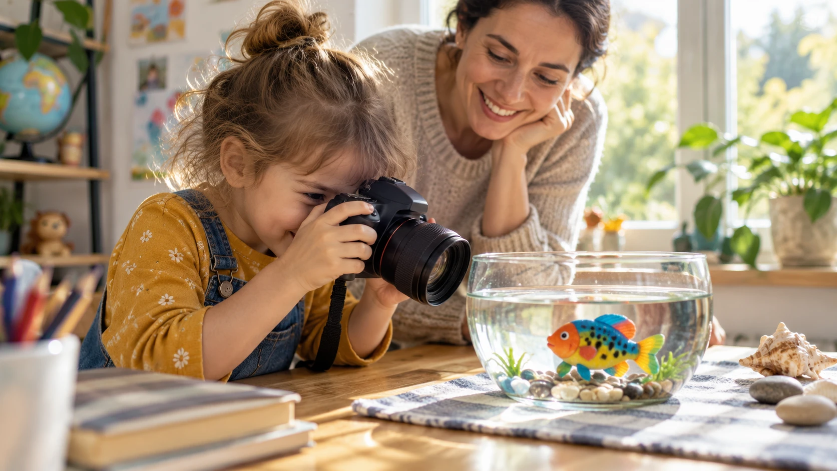 Child photographing a colorful toy fish with adult supervision