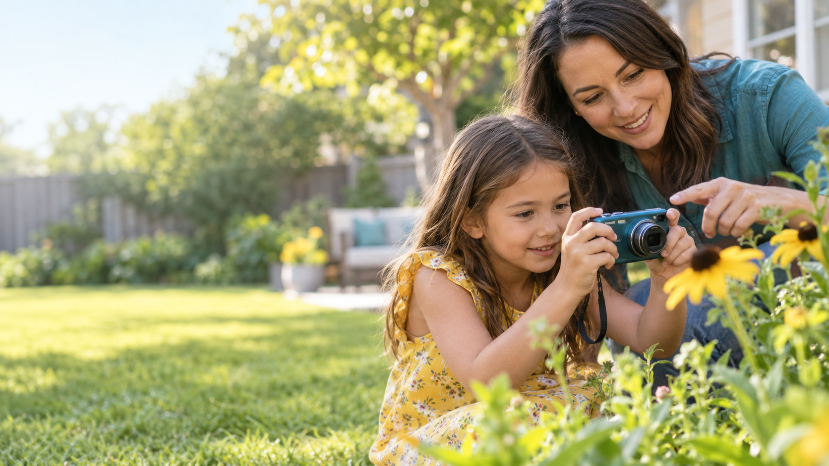 Parent teaching a child the basics of using a digital camera outdoors