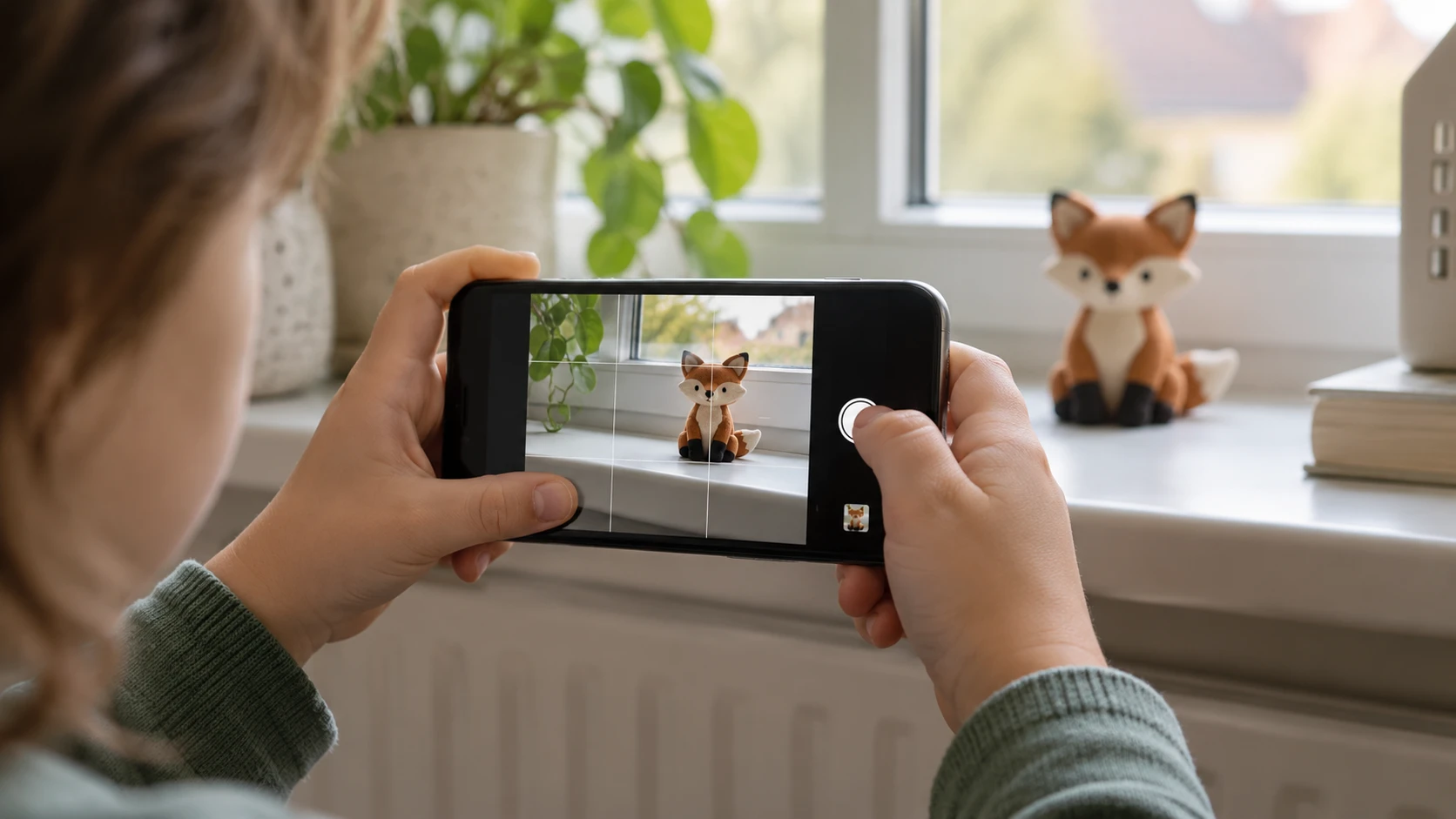 Child using a phone camera grid to photograph a toy by a window