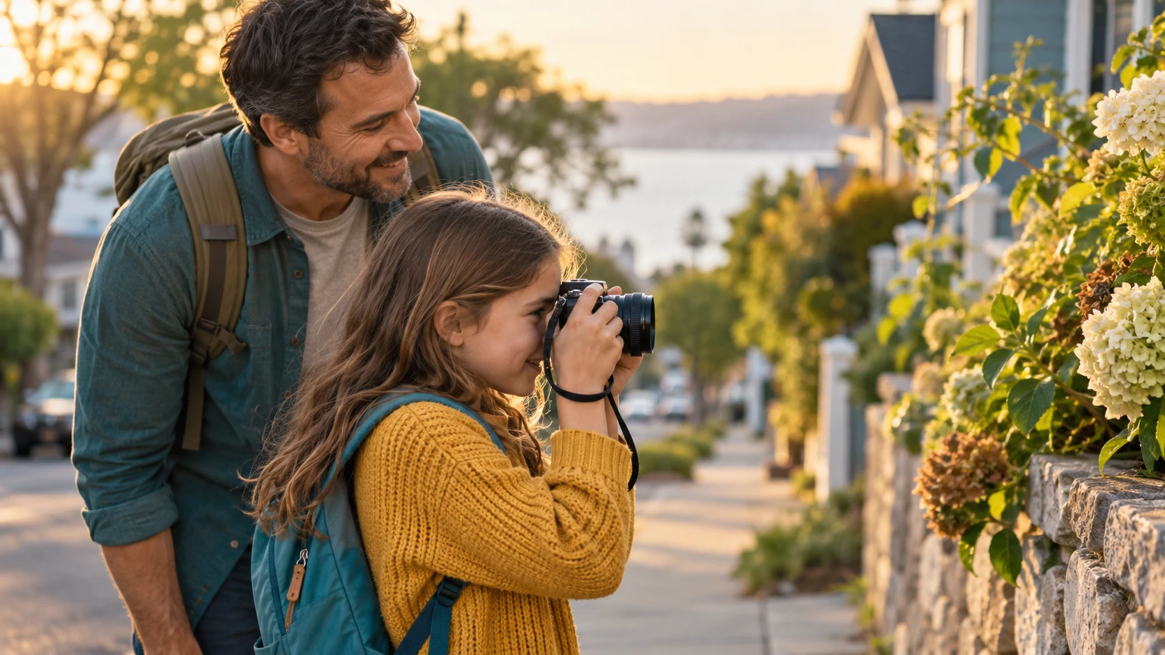 Parent and child taking photographs on a neighborhood photo walk