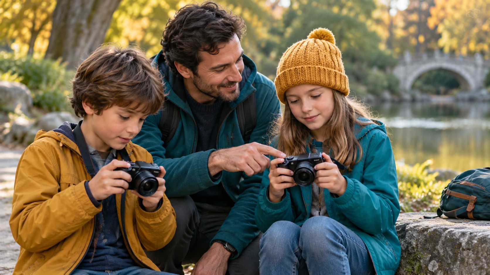 Adult instructor helping two children learn camera controls in a park