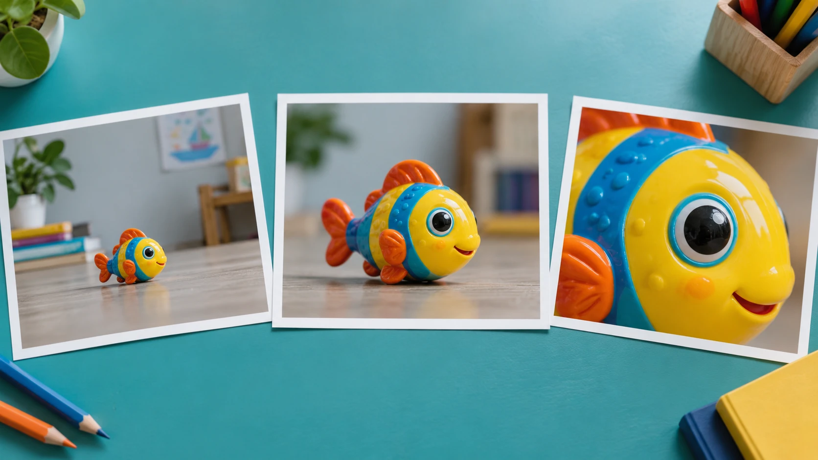 Wide, eye-level, and close-detail photographs of a colorful toy fish